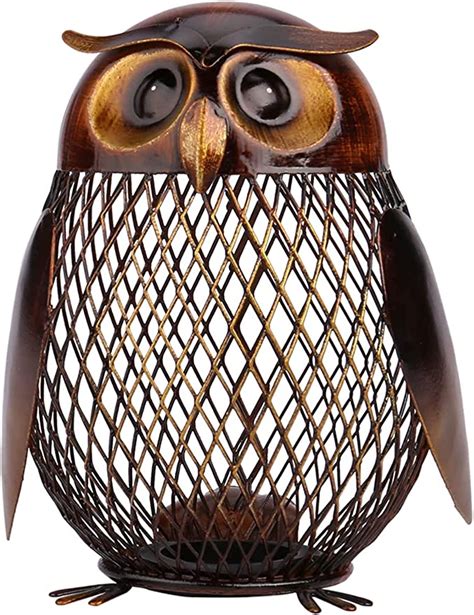 Tooarts Owl Shaped Metal Coin Bank Box Handwork 